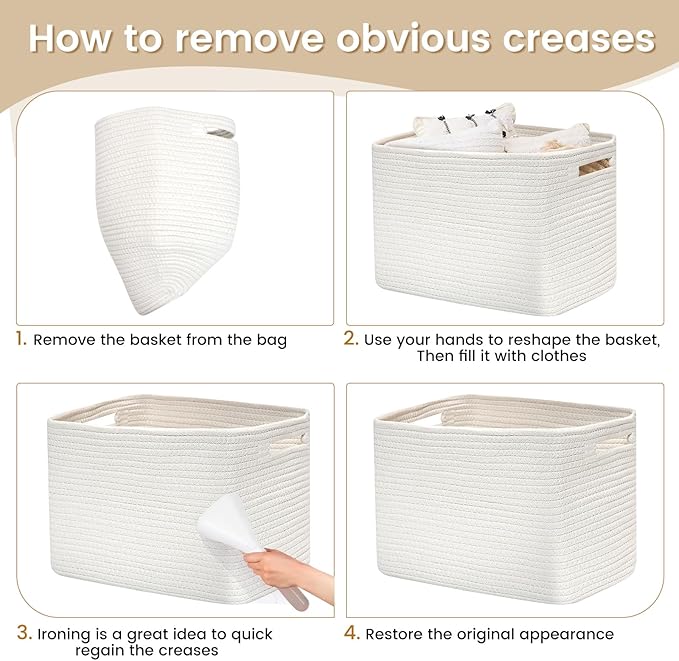 Shelf Woven Storage Basket, 15 x 10 x 9” Closet Rope Baskets For Organizing, Square Bins with Handles, White 1 Pack