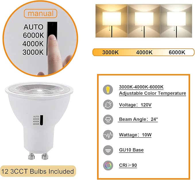 LED Track Lighting Kit, 3CCT 10W Track Lights Heads 3000K/4000K/6000K Adjustable with 13.1FT H-Type Track Light Rails 12PCS Ceiling Spotlight Fixture with Replaceable GU10 Bulbs