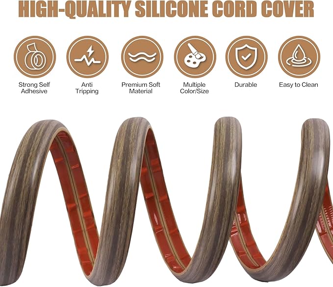 Floor Cord Cover Self Adhesive Cord Hider,10FT Cable Management, Extension Strip Protector for Wires, Prevent Cable Trips for Offices, Gyms, Exhibitions Cavity:0.47"(W) x 0.35"(H) Wood Walnut