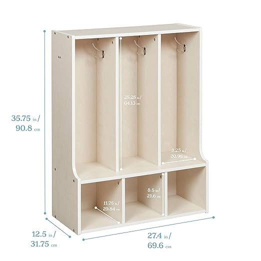ECR4Kids Streamline 3-Section Toddler Coat Locker with Bench, Kids Furniture, White Wash