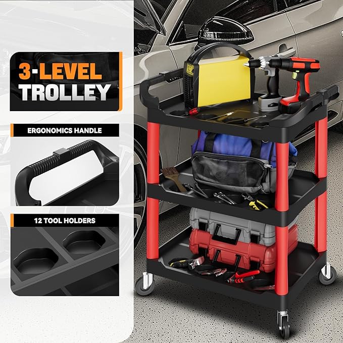 Auto Dynasty 3-Tier Rolling Cart Trolley Storage Detailing Cart with Cup Holders 120kg Capacity on Wheels Fits Home, Garage, Warehouse, Hotel and Workshop Use, Black