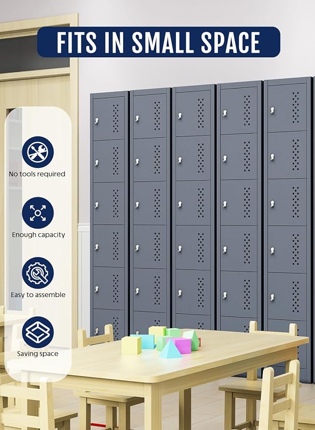 Metal Locker Storage Cabinet with 6 Doors, 71'' Tall Lockable Lockers Storage Cabinet, Employee Lockers with Doors for Utility Closet, Office, School, Gym, School