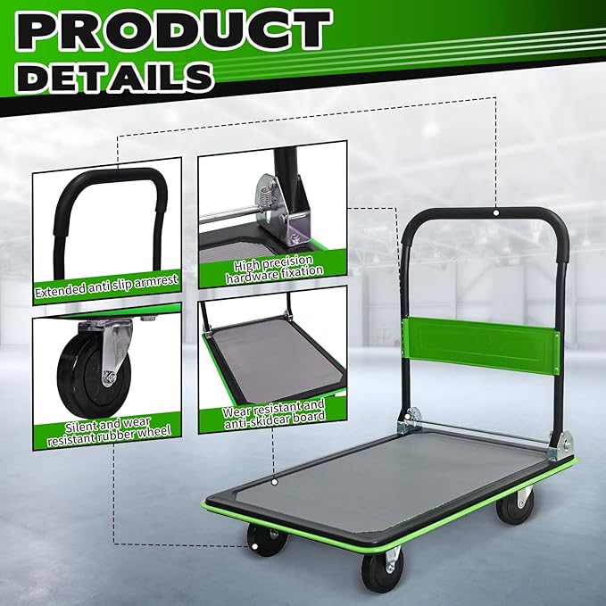 660lbs Large Size Heavy Duty Green Flatbed Cart, Folding Platform Hand Truck with 360° Swivel Silent Wheels, Steel Push Dolly for Warehouse & Moving