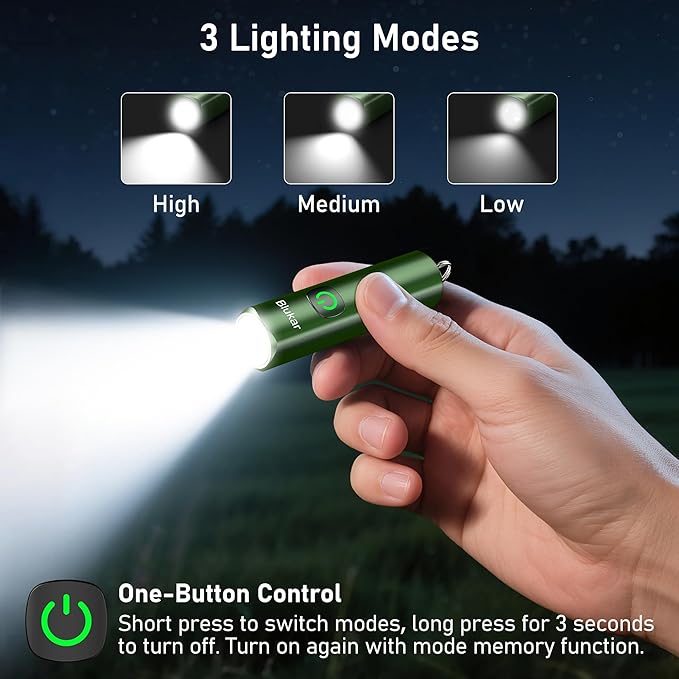 Blukar Rechargeable EDC Flashlight, Mini Keychain Flash Light with 3 Lighting Modes, Memory Function, Waterproof, Compact and Portable Pocket Light for Everyday Carry, Emergency,Camping-Dark Green