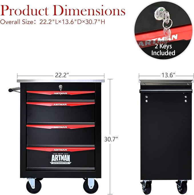 4-Drawer Heavy-Duty Rolling Steel Tool Cart with Handle&Wheels, Metal Storage Organizer Cabinet, Tool Chest for Efficient Tool Storage in Garage, Warehouse, Workshop, Repair Shop, Black&RED