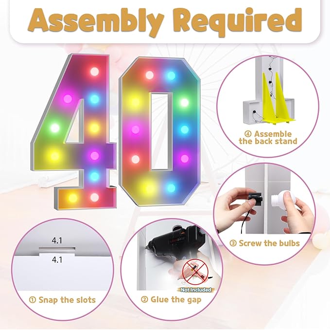 Marquee Numbers Colorful 40th Birthday Decoration: 4FT Large Light Up 40 Year Old Birthday Decorations Anniversary Backdrop Cardboard Sign 18 Colors Number 40 Mosaic Balloon Frame