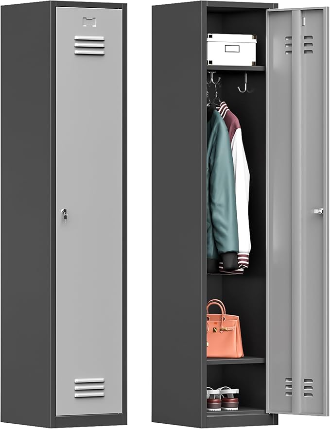 Bestoo Metal Locker, 71" Storage Cabinet with 1 Lockable Door and Hooks, Tall Freestanding Wardrobe for Employees, Gym, School, Home and Office (Black Gray)