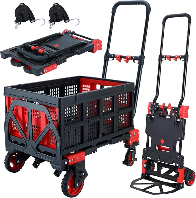 2 in 1 Folding Hand Truck Dolly with Basket,330LBS Capacity Hand Cart Foldable,Hand Truck Foldable with Retractable Handle,Folding Dolly Cart with Wheels for Moving