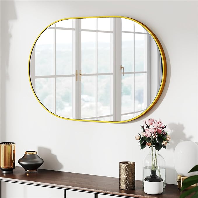 36x24 Mirror Runway Oval Wall Mounted Aluminum Alloy Metal Frame Rectangle Mirrors for Entryway Bedroom Bathroom Living Room 36 24 inch Gold