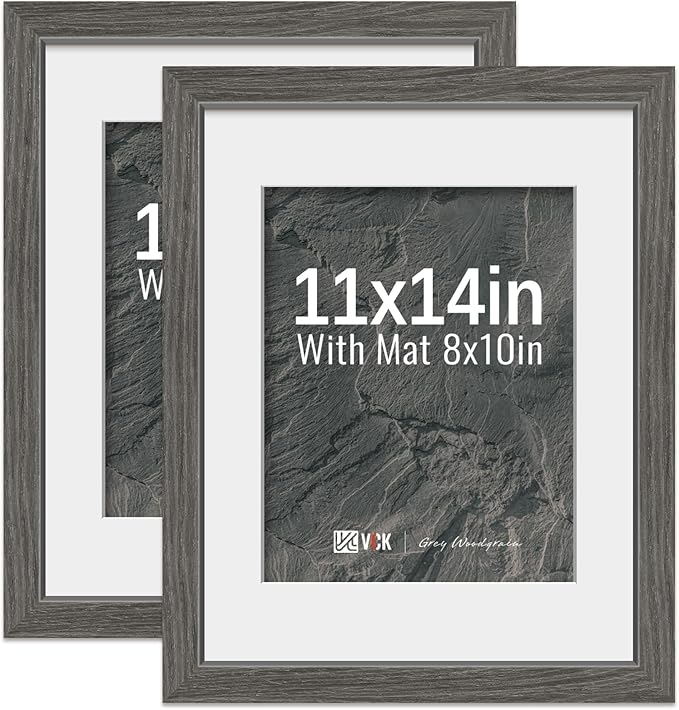 VCK 11x14 Picture Frame 2 Pack - Grey, High-End Wood Poster Frames with Tempered Glass, Display 8x10 Photo with Mat or 11x14 without Mat, Art Gallery-Quality, Wall Hanging, Grey