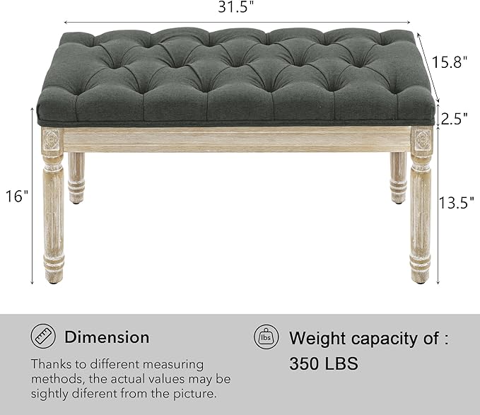 LOULENS French Vintage Entryway Bench, Linen Fabric Tufted Bench, Upholstered End of Bed Bench with Brushed Wood Legs, Dark Grey