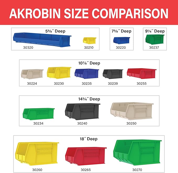 Akro-Mils 30239 AkroBins Plastic Storage Bins, Space-Saving Stackable Bins for Garage, Pantry, Craft Organization, 11-" x 8-" x 7-", Black, 6-Pack