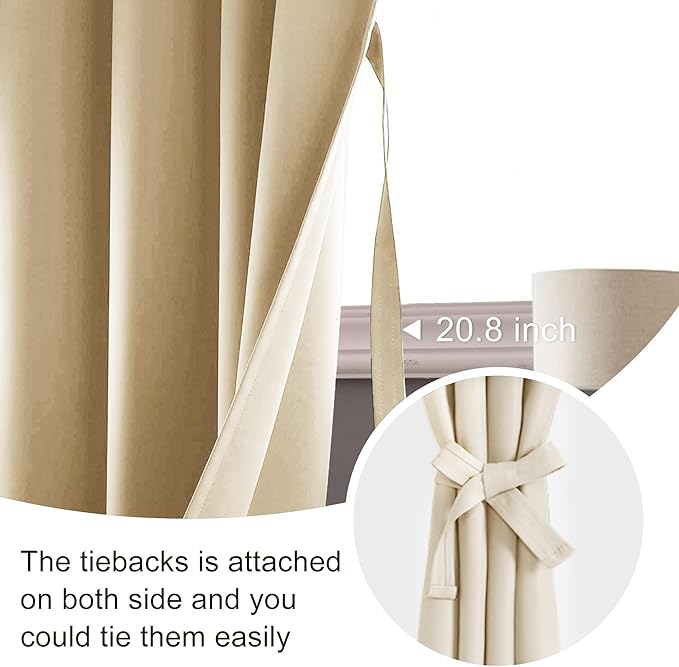JIUZHEN Blackout Curtains for Bedroom - Thermal Insulated Noise Reducing Privacy Short Curtain for Living Room, Set of 2 Panels with Tiebacks, 42 x 45 inches Long,Light Beige