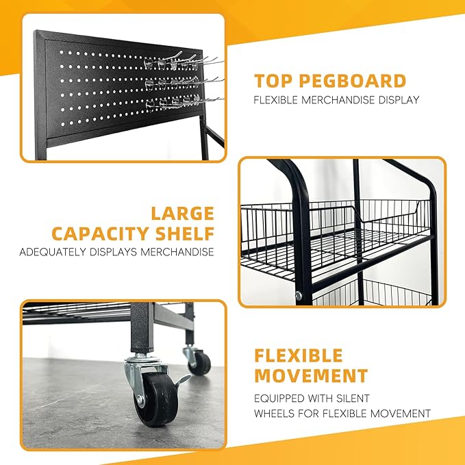 5 Tier Snack Rack Display Stand - Retail Display Shelves with Top Pegboard, 15 Hooks, Bakery Display Rack on Wheels for Easy Mobility and Organization (5 Tier - Black)