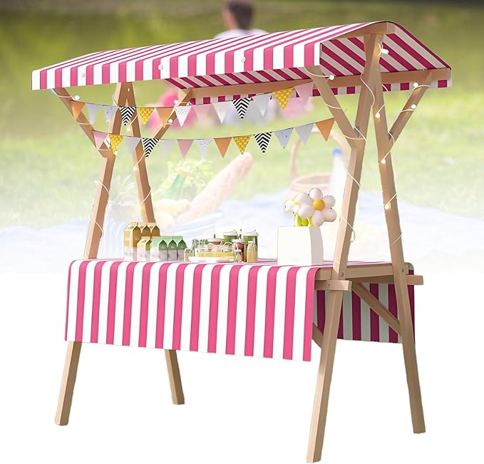Collapsible Mobile Market Stall Carts Vendor on Wheels, Wood Outdoor Vendor Cart, Easy to Assemble for Parties, Birthdays, Weddings, Bar(Pink1,120cm/47.2in)