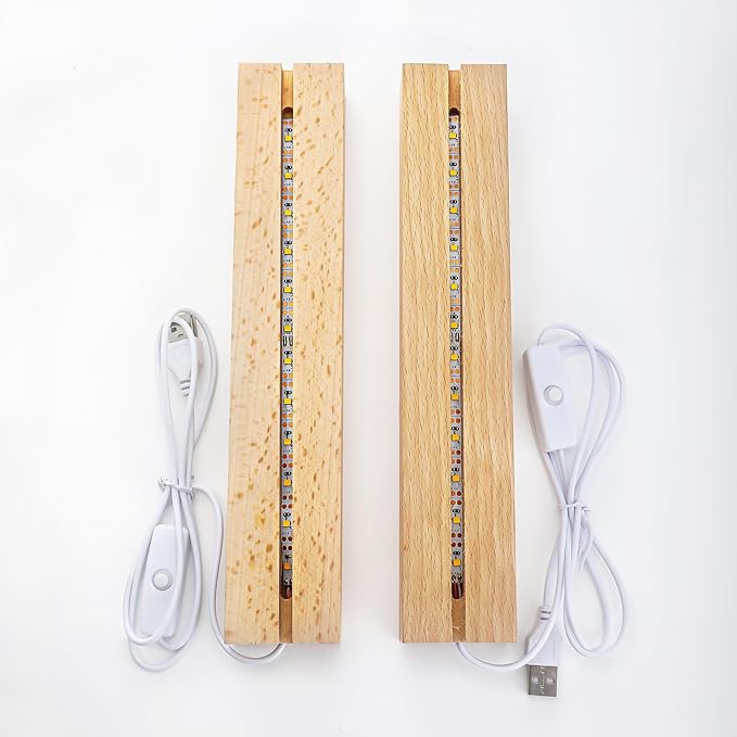 ZEERSHEE 2 Pcs 9.4 Inch Wooden Rectangle LED Light Display Pedestal for Acrylic and Plexiglass Crystal Glass Resin Night LED Light Lamp Base with USB Switch(Warm Light)