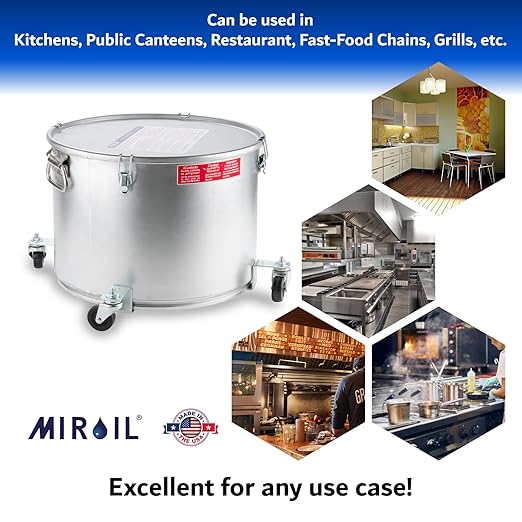 MirOil Oil Disposal Caddy with Caster Wheels (7 Gallon) – Heavy Duty Silver Filter Pot with Lid Lock for Commercial Kitchen Disposal Storage - Up to 55lb Grease Container for Kitchen - Model #60LC
