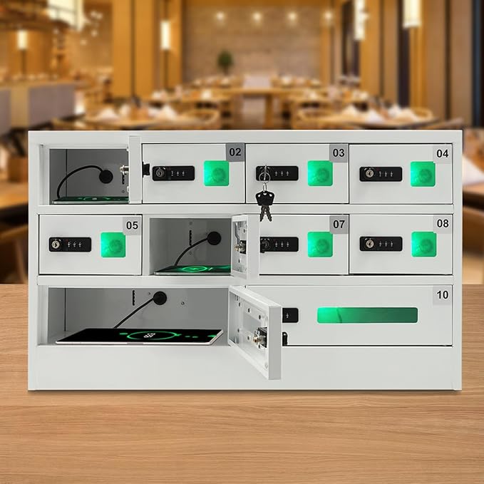 10 Slots Cell Mobile Phone Steel Locker with Combination Lock, Cellphone Charging Station with 3 in 1 Charging Ports for Most Phones, Cellphone Locker for Schools, Conference Rooms, and Offices