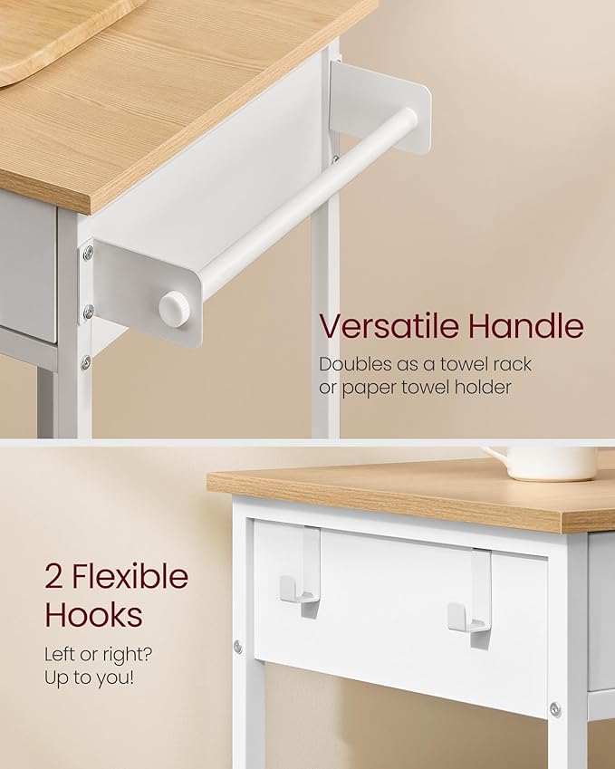 VASAGLE Kitchen Rolling Island, Mobile Kitchen Cart with Storage on Wheels, 17.7 x 38.8 x 35.4 Inches, Towel Rack, 2 Drawers, 2 Hooks, for Dining Room, Oak Beige and Matte White UKKI010Y01