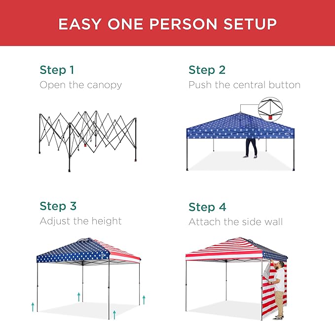 Best Choice Products 10x10ft Easy Pop Up Canopy w/Side Wall, 10 Pockets, Portable Carrying Case, 1-Button Setup, 4 Weight Bags - American Flag