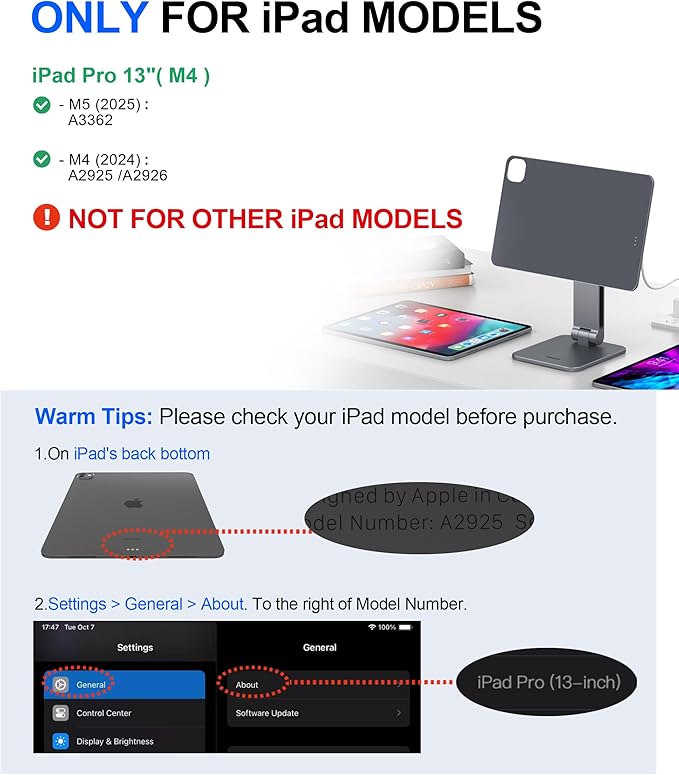Magnetic iPad Stand with Wireless Charging, 35W Contact Fast Charger, Suction Cup Base, 360° Rotating Panel & Foldable, Compatible with iPad Pro 13" M5 & M4 ONLY, Work & Study Desk - Gray