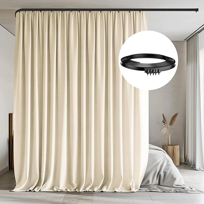 Room Divider Curtains with Flexible Ceiling Tracks Set,Blackout Curtain Ceiling Mount Curtain Track Privacy Room Dividers Ceiling Track Curtain Rod(Beige Drape & Black Rail W 12.5 × H 8 FT)