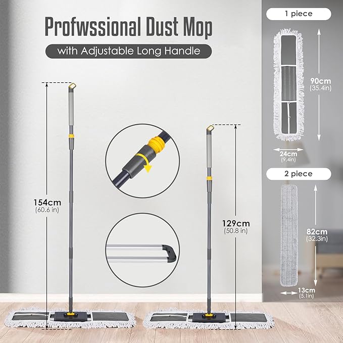 36 Inch Commercial Industrial Floor Mop, Long Handle, Washable Cotton and 2 Microfiber Mop Pads, Heavy Duty Wet and Dry for Hardwood, Tiles, Laminate