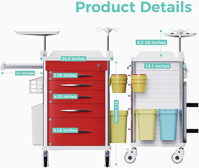 Medical Rolling Crash Cart with Integrated Medical Countertop -CPR Board, IV Pole, O2 Holder, Trash Bin, Silent Casters, Drawers with Dividers, Nursing Cart for Clinic, Hospital, Nursing Center