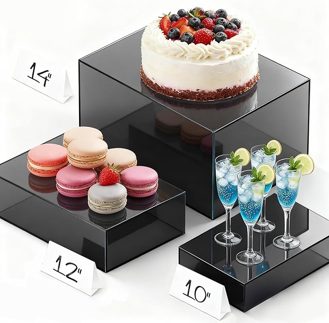 3 PCS Black Extra Large Buffet Risers Set, 10" 12" 14" Acrylic Cube Risers Stands Acrylic Cube Food Display Box Risers with Hollow Bottoms for Party Buffet Table Cupcake Candy Dessert
