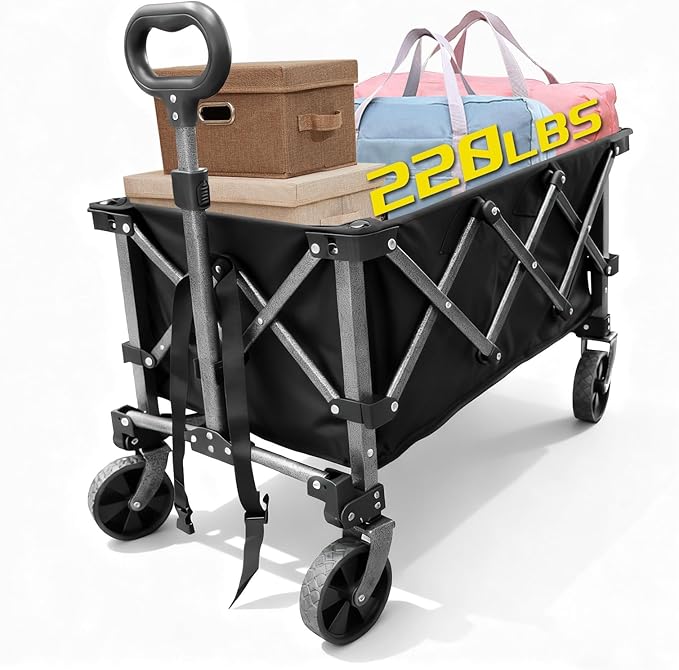 Collapsible Foldable Extended Wagon, Weight Capacity 220 LBS, Heavy Duty Large Wheeled Utility Cart, Folding Grocery Shopping Cart for Camping, Grocery, Garden - Capacity Portable Outdoor Cart
