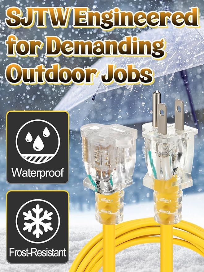 Lighted End Heavy Duty Outdoor Extension Cord Waterproof -16AWG, 3 Prong, 15A, 1875W, Flexible Yellow Power Extension Cord for Outsides, 15ft