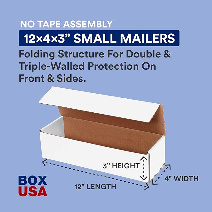 BOX USA Shipping Boxes Small 12"L x 4"W x 3"H, 50-Pack | Corrugated Cardboard Box Mailer for Packing, Moving and Storage 1243