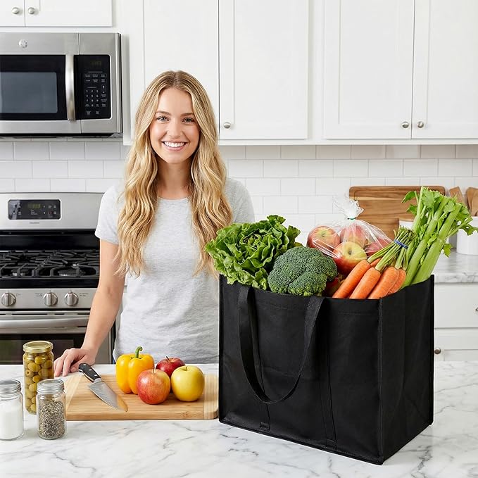 2 Pcs Foldable Reusable Grocery Bags With Reinforced Bottom & Handles, Heavy Duty Shopping Bags For Groceries, Black