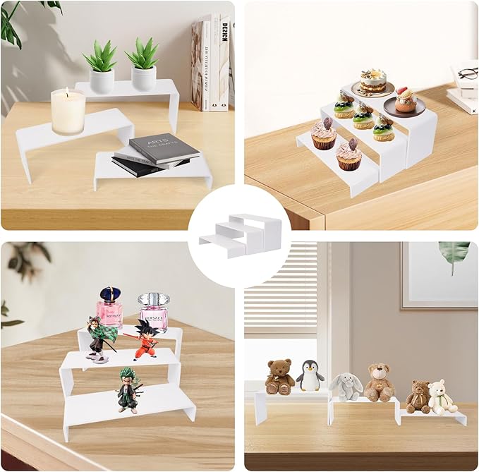 Acrylic Display Risers 2 Sets 3 Tier Cupcake Stand for Dessert Jewelry Pop Figures Shelves Retail Shoe Showcase (White)