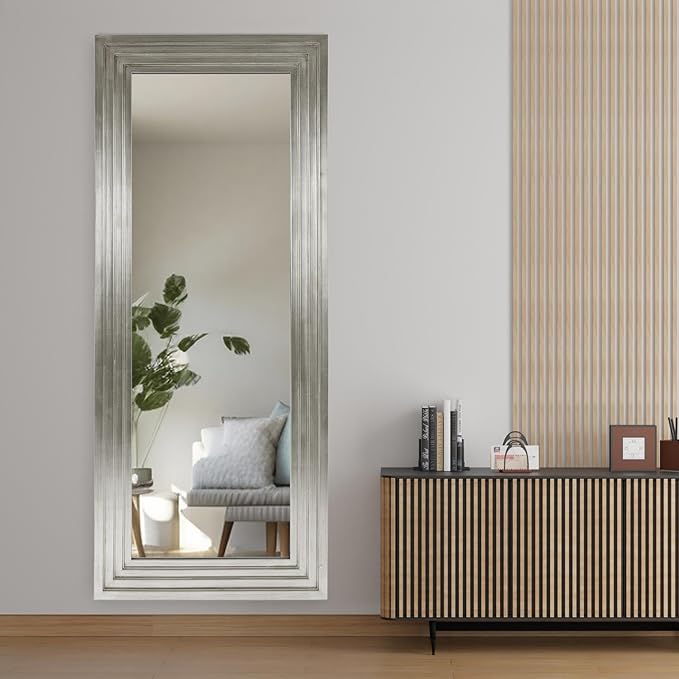 Howard Elliott Nickel Tall Delano Mirror, Large Self Standing Full Length Rectangular Mirror with Stepped Levels, 34 x 82 Inch