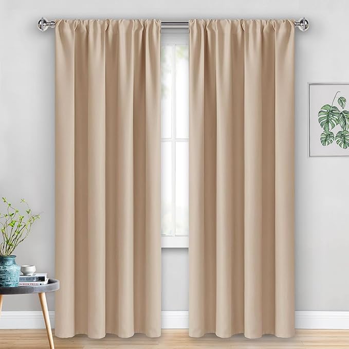 JIUZHEN Blackout Curtains for Bedroom - Thermal Insulated Room Darkening Rod Pocket Curtains for Living Room, Set of 2 Panels with Tiebacks, 42 x 84 Inch Length, Beige