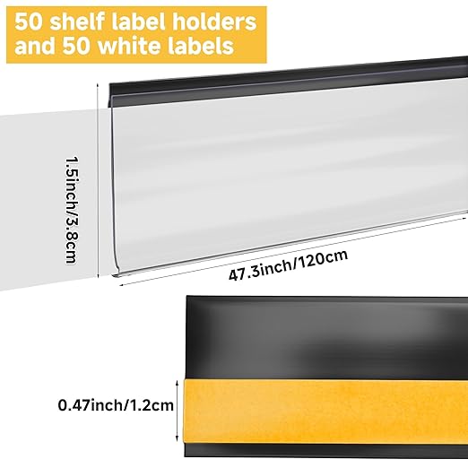 50 Pcs Shelf Label Strips 1.5''H x 48''L Self Adhesive Label Holder with 50 Pcs White Labels, Gondola Price Tag Holder Clear PVC Adhesive Ticket for Metal Wood Plastic Rack (Black)