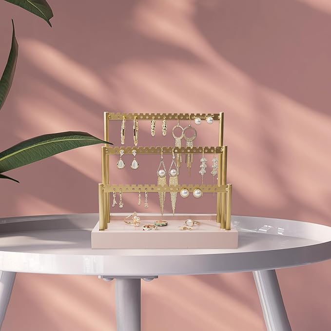 SANY DAYO HOME 3-Tier Earring Holder Organizer Stand, 105 Holes Gold Metal Earring Rack Jewelry Display Tree with Pink Wood Tray for Women and Girls
