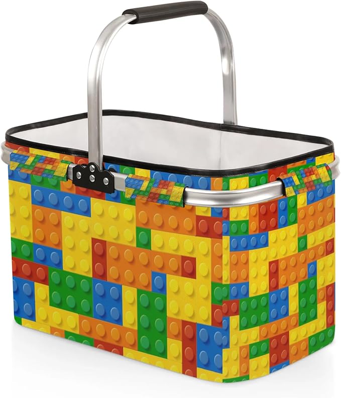 Collapsible Picnic Basket with Handle, Shopping Basket Aluminum Frame, Grocery Baskets Tote for Women, Farmers Market Basket, Harvest Baskets Camping Portable Beach Bag (Colorful Building Blocks)