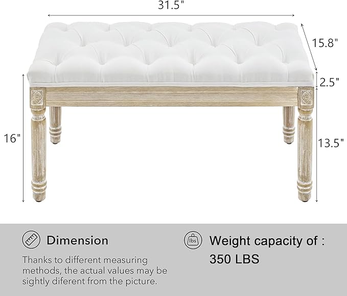LOULENS French Vintage Bench, Linen Fabric Entryway Bench, Upholstered Tufted End of Bed Bench with Brushed Wood Legs, White