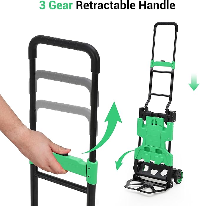 2-in-1 Folding Hand Truck with Folding Basket, Collapsible Hand Truck Dolly with Retractable Handle & 4 Wheels, 330 LB Capacity Portable Dolly Cart for Moving, Shopping, Green