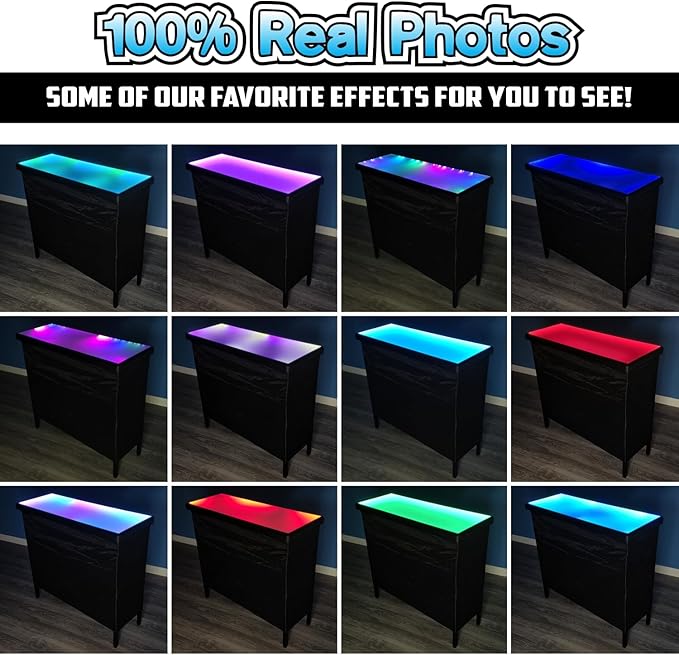 PartyLife Glowing LED Surface Portable Bar Table w/Mobile App, Wireless Remote, Folding Legs, 2 Bar Skirts, Heavy-Duty Storage Shelf & Carrying Case - Black Skirt