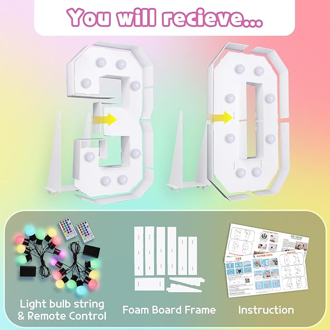 Marquee Numbers 30th Birthday Decoration: Colorful 3FT Large Light Up 30 Year Old Birthday Decorations Anniversary Backdrop Cardboard Sign 18 Colors Number 30 Mosaic Balloon Frame