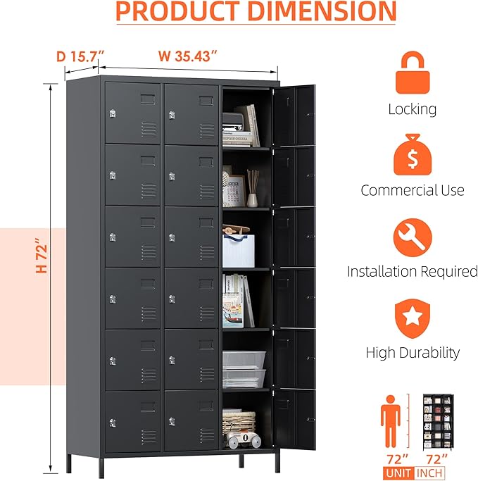 Aobabo 18 Doors Metal Storage Locker for Employees, Lockable Storage Locker with Metal Leg for Employees School Office Gym, Black, Assembly Required