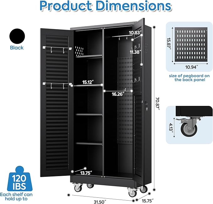 Mop and Broom Closet Storage Cabinet with Wheels and Pegboard,Metal Garage Storage Cabinet with Doors and Adjustable Shelves for Garage Home,Required Assembly,Black