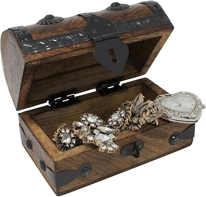 Nautical Cove Treasure Chest Keepsake and Decorative Wood Box (Small 5x3x3.25) - Storage Box, Wooden Box with Hinged Lid, Rustic Storage, Pirate Storage Box, Vintage Wooden Chest