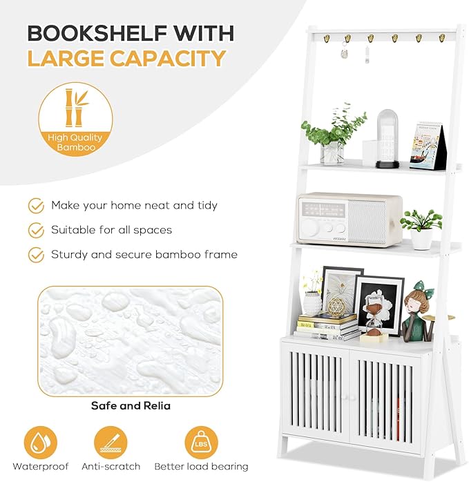 Bookcase with Drawers, 4-Tier Bamboo Bookshelf Ladder Shelf with 6 Hooks, Tall Narrow Retro Book Shelf, 24.8"L x 10.6"W x 59.5"H, Standing Storage Organizer for Living Room, Office, Bedroom, White