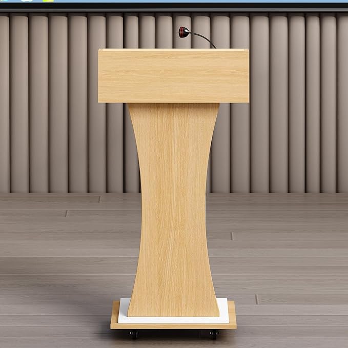 Mobile Wooden Podium Stand with Lockable Wheels Modern Presentation Blockboard Lectern Oak Color with Storage Shelves for Office, Church, Classroom, Conference Room