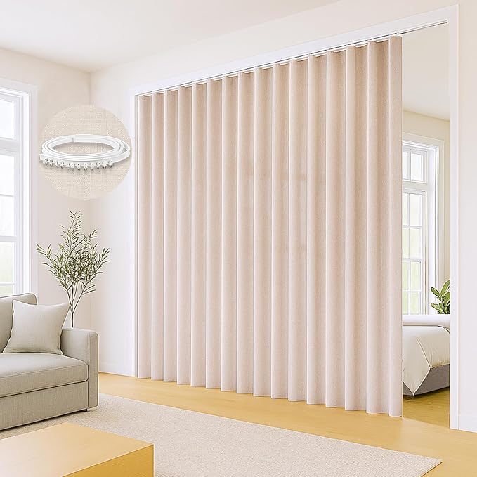Faux Linen Semi Sheer Divider Curtain with Flexible Tracks, Light Filtering Privacy Patio Curtains for Patio Sliding Glass Door, Window or Room Divider Drapes, Living Room, Beige, 72"W x 96"L, 1 panel