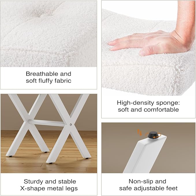 18-Inch Vanity Stool Chair, Vanity Bench with Metal X-Legs, Ottoman Accent Stool with Breathable and Soft Boucle Fabric Saddle Seat, White